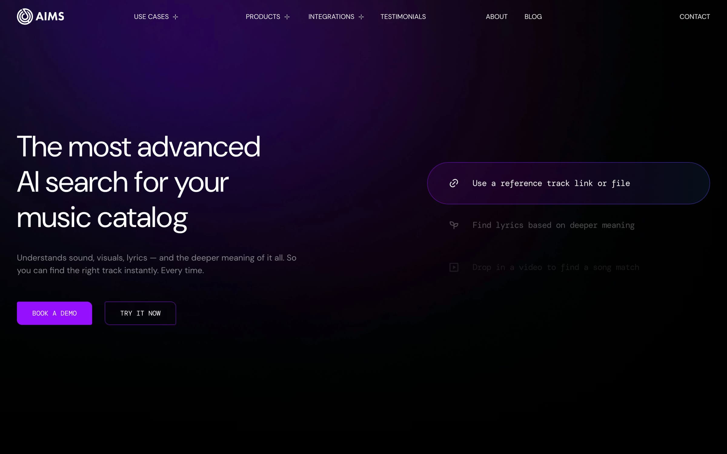The aimsapi.com home page, with its reference track and lyric search entry points